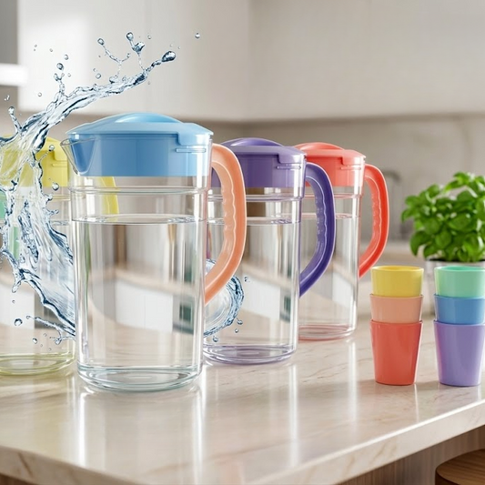 Premium 2.8 Liter Water Jug with 6 Glasses – Unbreakable Plastic Drinkware